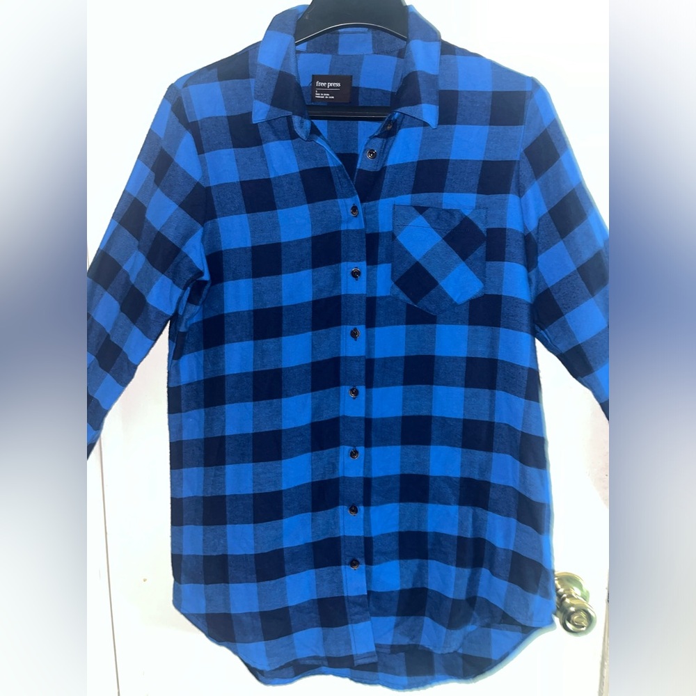 Blue and Black Plaid Long Sleeve Button Down Shirt